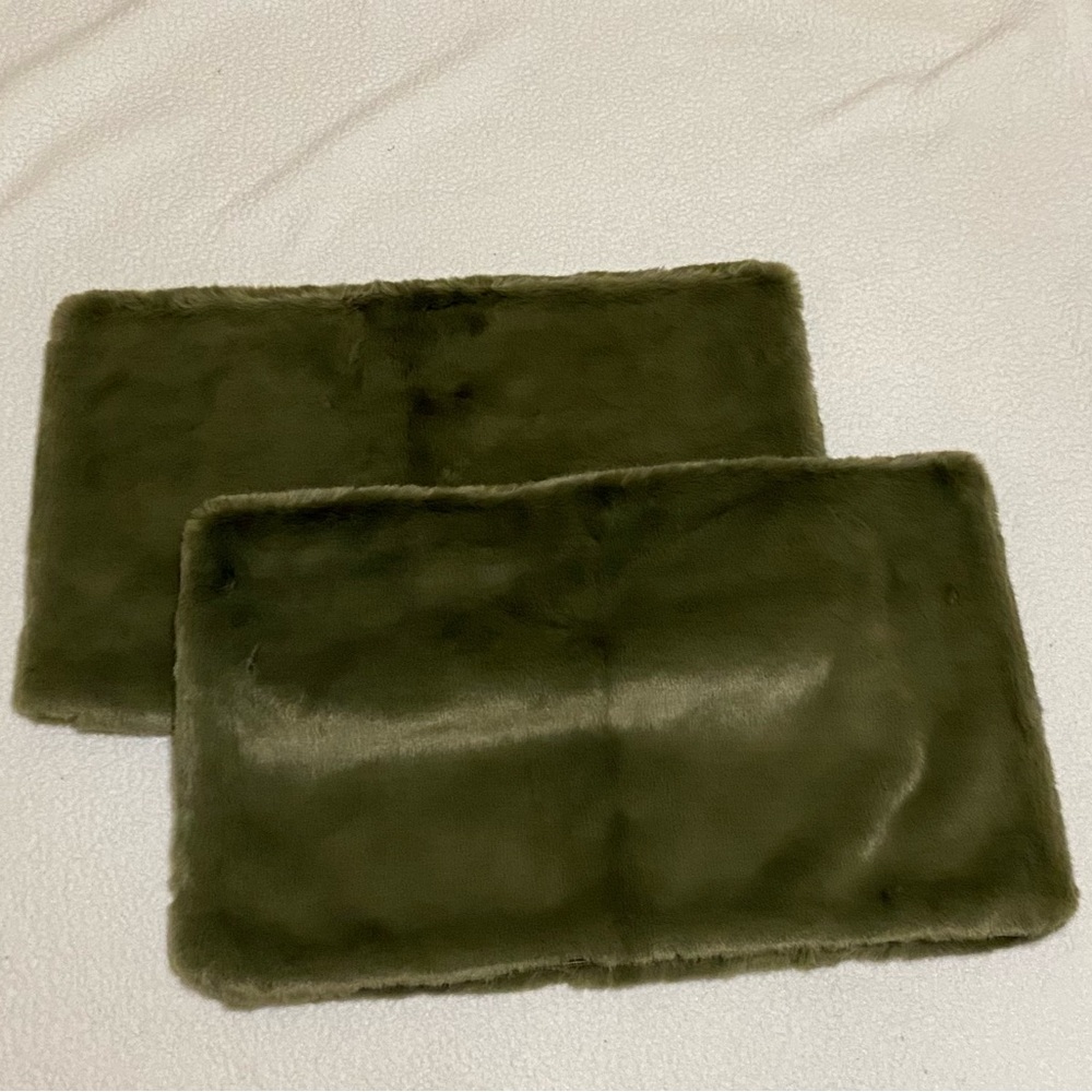 Pottery Barn 2 olive green faux fur pillow covers 16” x 26”